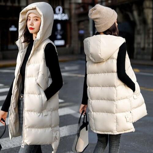 Korean Fashion Winter Down Cotton Gilet Femme Hooded Long Vest Coat Women Solid Sleeveless Jacket 2021 Fall Waistcoat Lady Tops