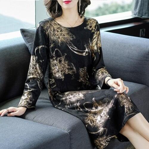 2019 Spring Fall Vintage Women Printed Golden Floral Pattern Black Long Dress , Fashion Female Woman Clothes Loose 4xl Dresses