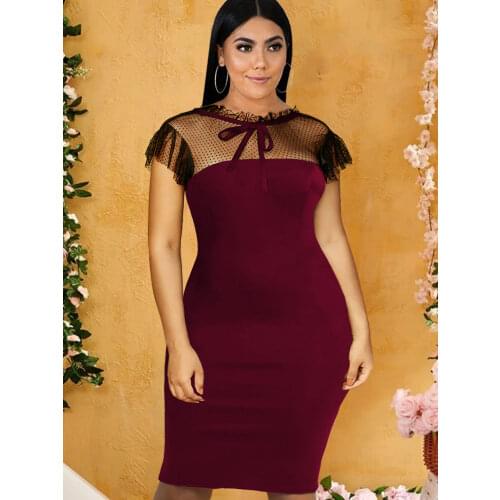 Burgundy Plus Size Dresses Bowtie Polka Dot Patchwork Knee Length Office Lady Evening Occasion Event Party Dress for Women 3XL
