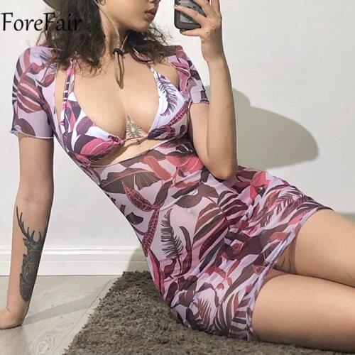 Forefair Summer Mesh Print Sexy Dress Beach Short Sleeve Hollow Out Bandage Bodycon See Through Women Mini Dress Y2k Party 2021
