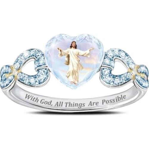 Aesthetic Accessories Vintage Trendy Jewelry Accessories for Women Cheap Halloween Crystal Rings Jesus Heart Shaped Crystal Ring