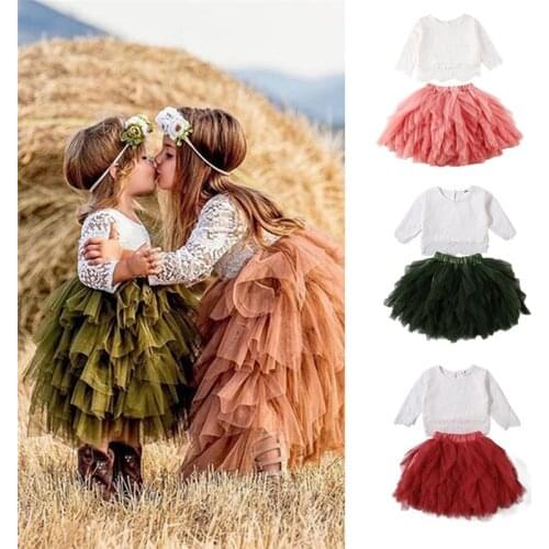 2020 Fashion Princess Toddler Kids Baby Girls Clothes White Lace Flowers Top Shirt Ruffle Tulle Tutu Skirt 2pcs Summer Outfit