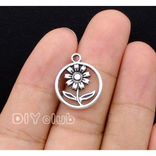 80pcs-Daisy Charms, Antique Silver Flower Charm Pendants 19x16mm