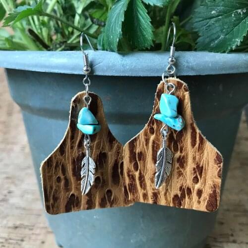 Turquoise Feather Pendant Leather Earrings for Women Cow Genuine Leather Vintage Embossed Western Cowgirl Style Handmade Jewelry