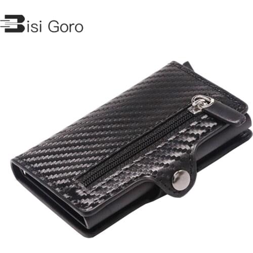 BISI GORO Carbon fiber Purse Mens Card Wallet RFID Blocking Mini Wallet Male Card Holder Small Zipper Coin Purse Smart Wallet