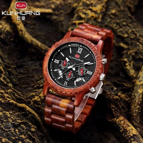 KunHuang 2020 Fashion Wooden Watch Men erkek kol saati Luxury Stylish Wood Timepieces Chronograph Military Mens Quartz Watches
