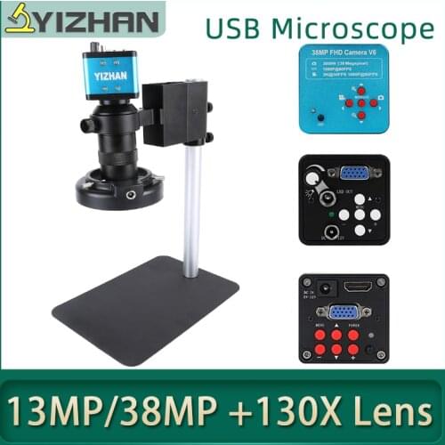 38MP digital microscope vga hdmi usb for electronics full HD microscope camera soldering electron microscope LED Light 130x lens