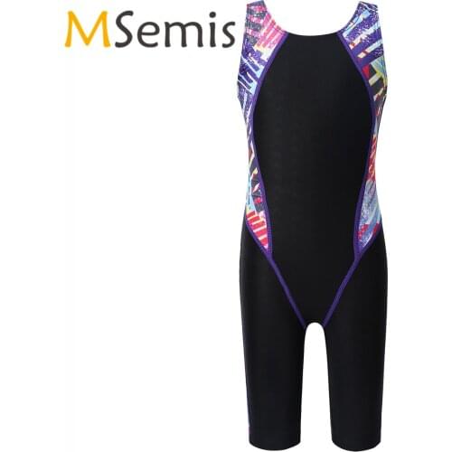 Kids Girls Swimsuit Splice Athletic Competitive Swimwear Childrens Diving Swimming Suit Knee Length Racerback Beach Bathing Suit