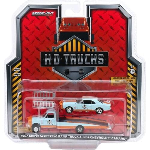 GREENLIGHT 1/64 1967 Chevrolet C-30 RAMP TURCK &1967 Chevrolet CAMARO GULF Collector Edition Metal Diecast Model Car