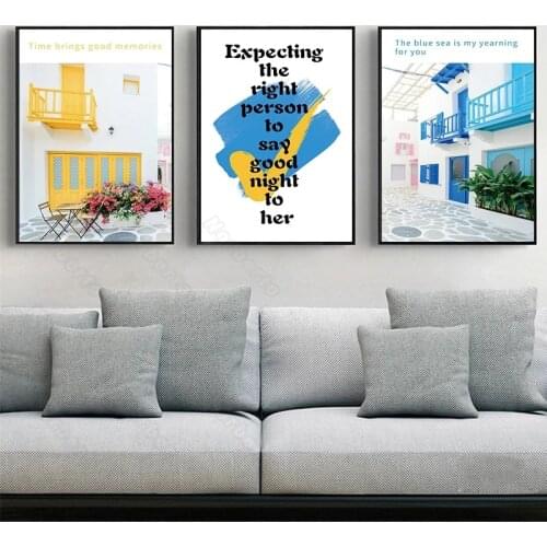 Nordic Style Canvas Painting Posters Nordic Achitectures Yellow and Blue Gate Window Art Letters for Home Rooms Wall Decoration