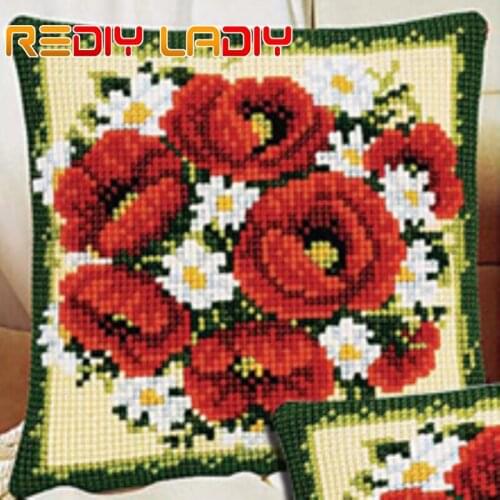Cross Stitch Cushion Bouquet of Poppy Chunky Yarn Cross-Stitch Kit Needlework Pre-Printed Canvas Pillow Home Deocr Arts & Crafts