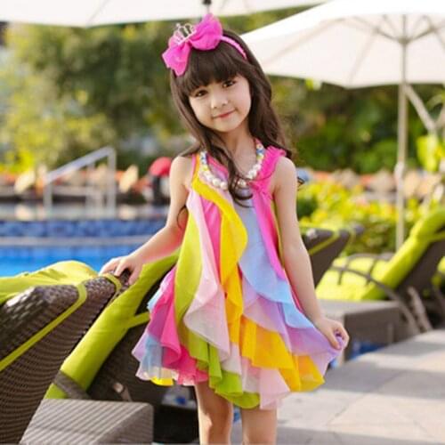 Summer Girls Dress No Necklace Korean Style ChildrenS Clothing Gauze Princess Costumes Baby Kids Sling Rainbow Beach Outfits