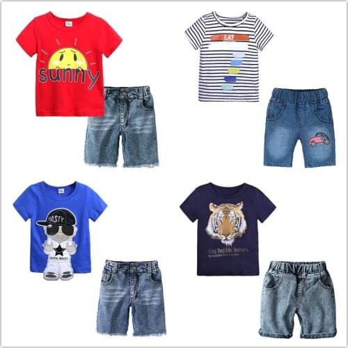 Boys Summer 2 Pieces Sets T-shirts Denim Shorts Pants Baby Tops Jeans Toddler Tops Suit Kids Clothing Outfits