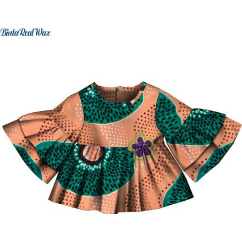 Lovely Baby Girls Mini Dresses 100% Cotton Print Dresses for Children Bazin Riche African Kids Clothing Flare Sleeve WYT539