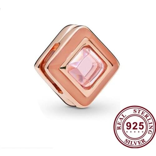 Original 925 Sterling Silver Bead Reflexions Series Pink Square Enamel Fixing Clip Fit Pandora Women Bracelet Diy Jewelry