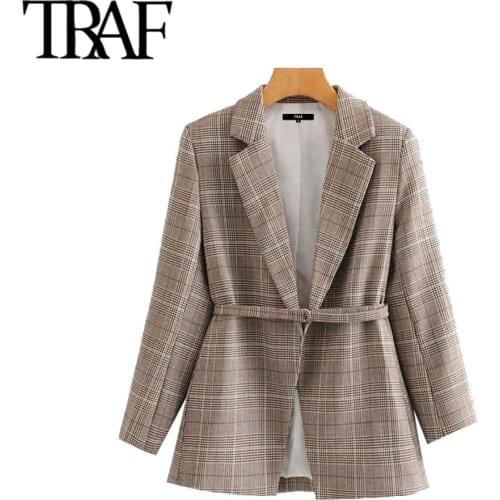 TRAF Women Vintage Stylish Office Wear Plaid Blazer Coat Fashion Long Sleeve With Belt Female Outerwear Chic Tops