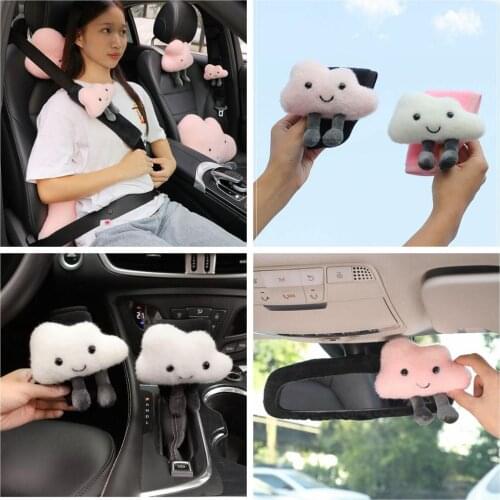 Funny cartoon cloud vehicle-mounted plush headrest pillow waist cushion safety belt cover rearview mirror cover stuffed toy