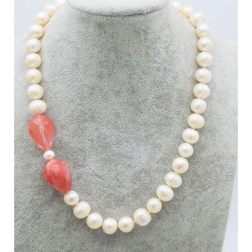 Freshwater pearl white near round 11-12mm and watermelon crystal drop faceted necklace 19inch nature beads FPPJ wholesale