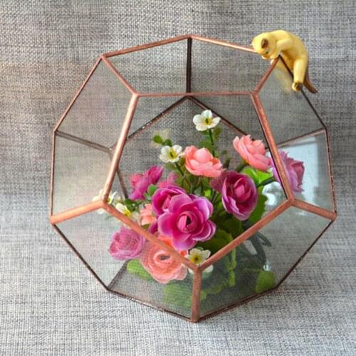 MagiDeal 2pcs Luxury Glass Geometric Terrarium Box Tabletop Succulent Plant Planter with Copper Frame Tabletop Vase 20x20x20cm