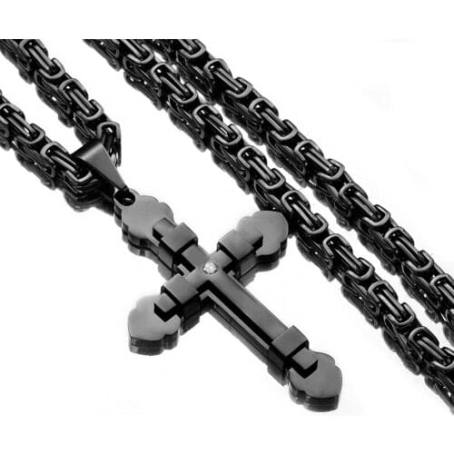Christmas Gift Fashionn Crystal Stainless Steel Black Byzantine Chain Cross Crucifix Pendant Necklace Mens Punk Rock Ornaments