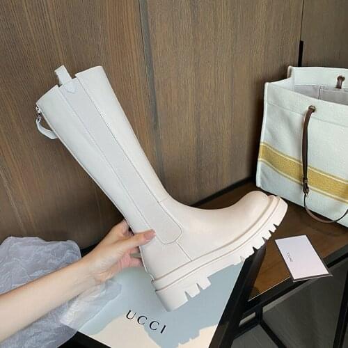 QZYERAI Knee High Boots Woman Real Leather High Heel Chelsea Boots Platform Chunky Heel Long Boots Zipper Ladies Shoes Beige