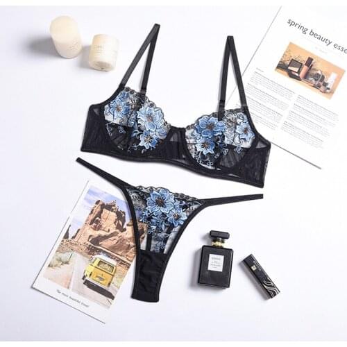 Ladies Charming Flower Embroidered Underwear Suit Womens Lace Translucent Sexy Lingerie Erotic Thin Bra Briefs Two Piece Set