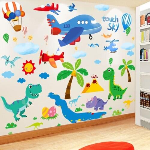 [shijuekongjian] Cartoon Airplanes Wall Stickers DIY Dinosaurs Animals Mural Decals for Kids Bedroom Baby Room House Decoration