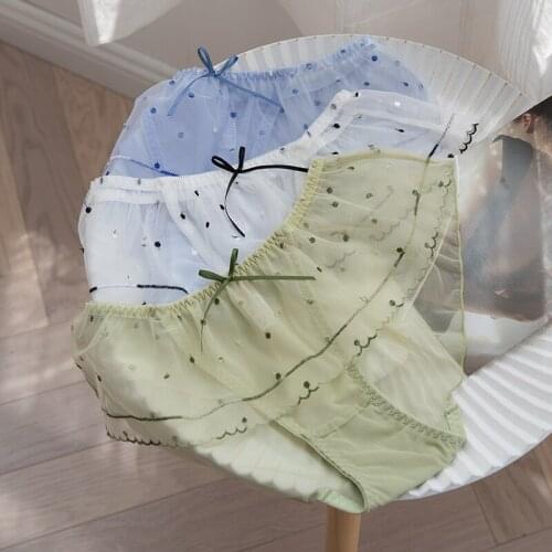 Cute Sexy Women Panties Underwear Transparent Briefs Net Yarn Sweet Girls Intimates Dot Embroidery Bow Trim