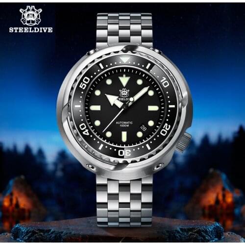 STEELDIVE 1978 Tuna Black Dial Mechanical Wristwatches Mens Stainless Steel Barcelet Luminous Automatic Self Wind Diving Watch
