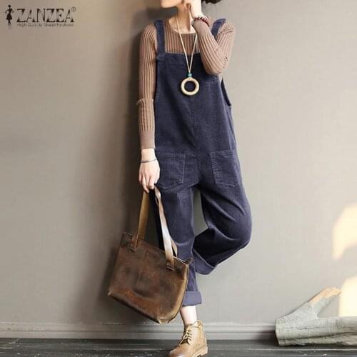 Vintage Suspender Rompers ZANZEA Casual Corduroy Pants Solid Turnip Jumpsuits Women Long Overalls Playsuits Female Pantalons