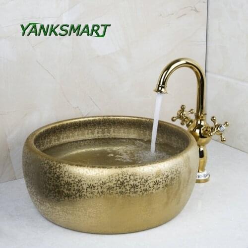 YANKSMART Bathroom Washbasin Sink Ceramic Lavatory Bath Sink Golden Kitchen Swivel Two Handles Mixer Water Tap Combo Set Faucet