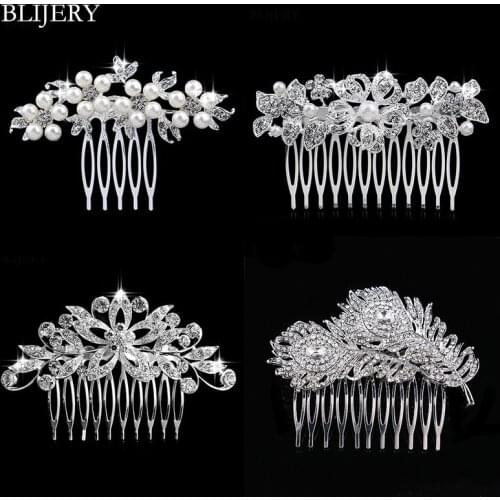 BLIJERY Elegant Pearls Crystal Wedding Hair Accessories Floral Bridal Hair Combs Women Party Wedding Hair Jewelry Brides Tiara