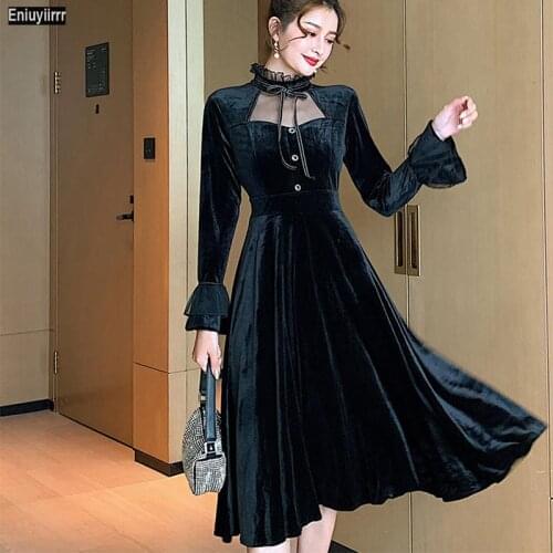 Women 2021 New Year Winter Spring Patchwork Sexy Sheer Mesh French Black Long Elegant Party Velvet Dress 367