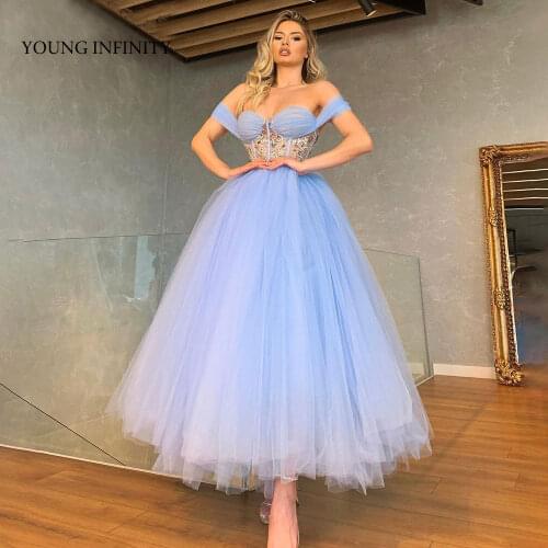 Blue Anckle length Prom Dress 2022 Sweetheart Off Shoulder Tulle Puffy Skirt Woman Formal Party Gown Custom Made Pageant