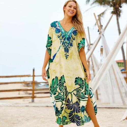 Plus Size Kaftan Beach Tunic Women Summer Beachwear Swimsuit Cover Up Ladies Bohemian Beach Dress Robe de plage sarongs pareo