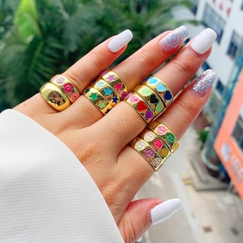 10Pcs 2021 Newest Fashion Design Colorful Star Heart Flower Smiley Adjustable Ring For Girl