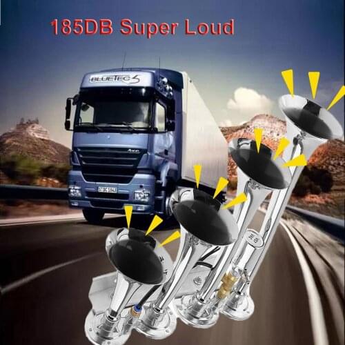 12V / 24V 185dB Super Loud Four Trumpet Car Air Horn for Car Vehicle Truck Train Boat Motorcycle Automobiles
