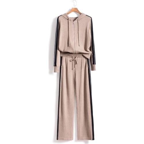 2020 Time-limited Full Drawstring Womens Cashmere Knit 2 Piece Suit Fashion Hooded Sweater And Trousers Warm Two-piece Women