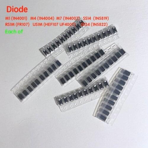 70PCS/LOT SMD diode kit package / M1 (1N4001) / M4 (1N4004) / M7 (1N4007)/ SS14 US1M RS1M SS34 Kit 7 kinds*10pcs=70pcs