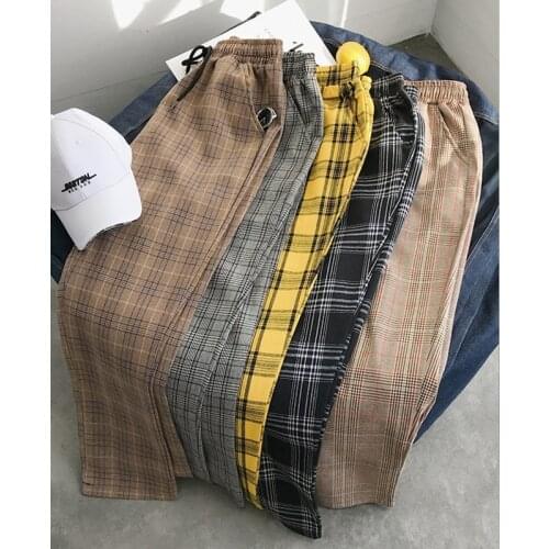 Vintage Plaid Pants Elastic Waist Pants Women High Waist Plus size Pencil Pants Casual Female Korean Trousers Couple Outfit Pant