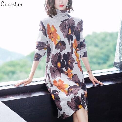 Floral Print Turtleneck Long Sweater Dress Women Fashion Long Sleeve Pullovers Pull Femme Jumper Plus Size Soft Sweater Women