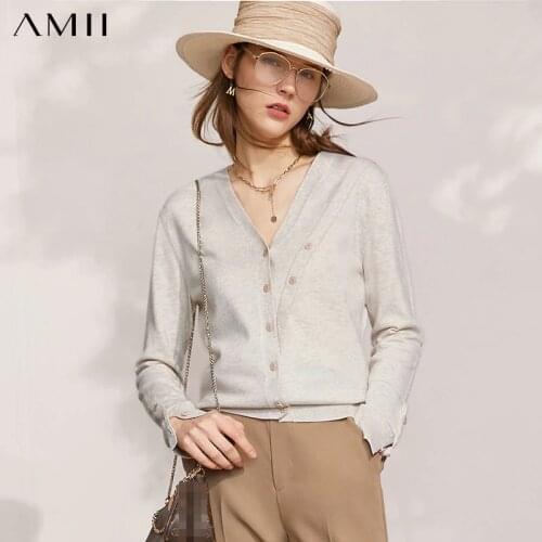 Amii Minimalism Spring New Cardigans For Women Offical Lady Solid Vneck Full Sleeve Womens Sweater Causal Women Tops 12130119