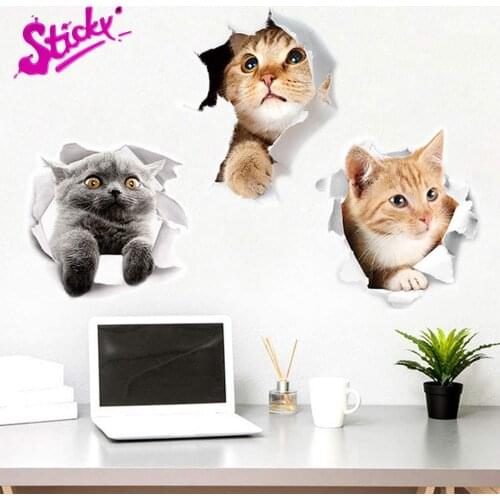 STICKY 3D Cute Kitty Closestool Wall Car Stickers Kids Bedroom Cartoon Cat Refrigerator Deocration Sticker Rear Windshield