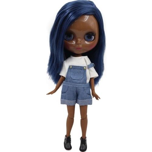 ICY DBS Blyth doll super black skin blue hair joint body shiny face 1/6 bjd 30cm toy doll anime girls