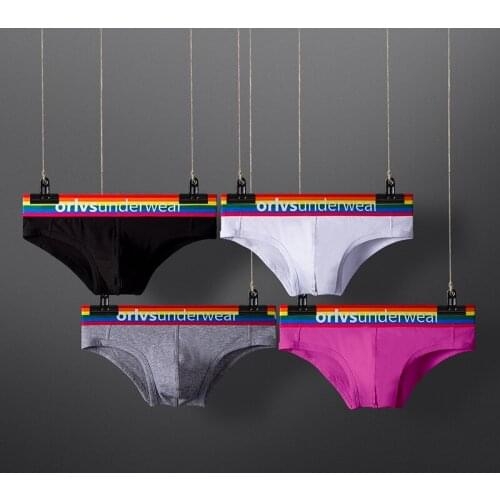 Orlvs underwear mens sexy solid color rainbow mens briefs cotton low waist gay shorts fashion or506