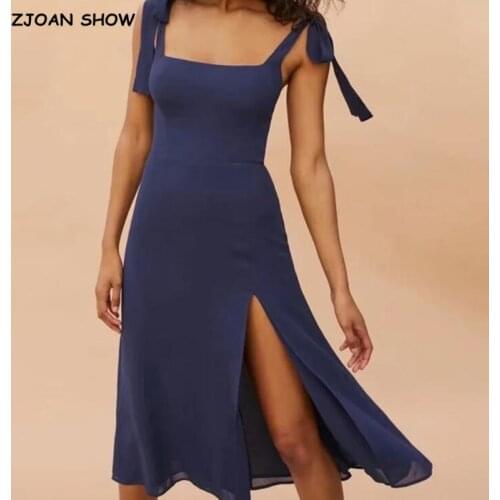 2021 Summer French Hem Slit Plain Color Women Dress Adjust Tie Bow Strap Sleeveless Dress Sexy Beach Women Party Dress Vintage