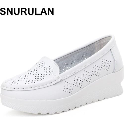 SNURULANFashion Cutout Women Shoes Summer Split Leather Moccasins for Women Flat White NurseShoes Creepers Platform SneakersE220