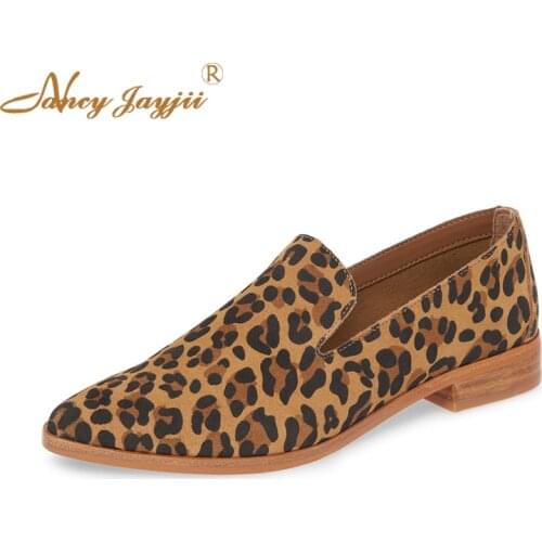 Leopard-Print Low Chunky Heel Pumps Soft Leather Pointed Toe Loafers Spring Autumn Woman Ladies Shoes Large Size 15 Casual 2019