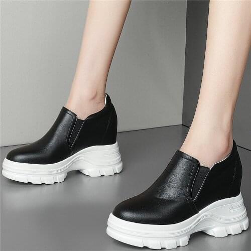 10cm Chunky High Heels Pumps Women Slip On Genuine Leather Platform Ankle Boots Female Round Toe Fashion Sneakers Casual Shoes