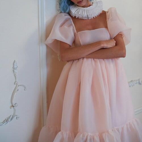 Dreamy Peach Puff Sleeves Evening Dresses Off the Shoulder Organza Short Prom Gown Babydoll Tea-Length A-Line vestidos de fiesta